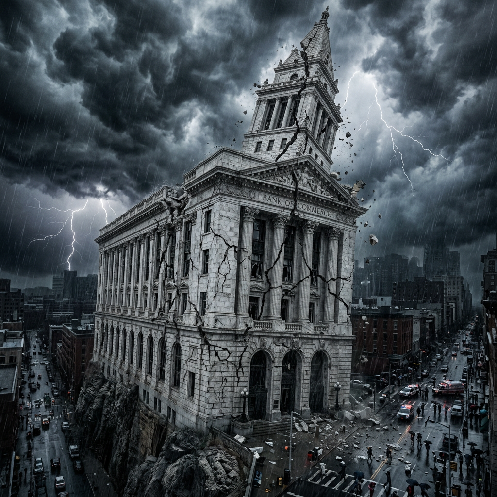 Bank of Commerce building cracking and collapsing during thunderstorm with lightning and rain