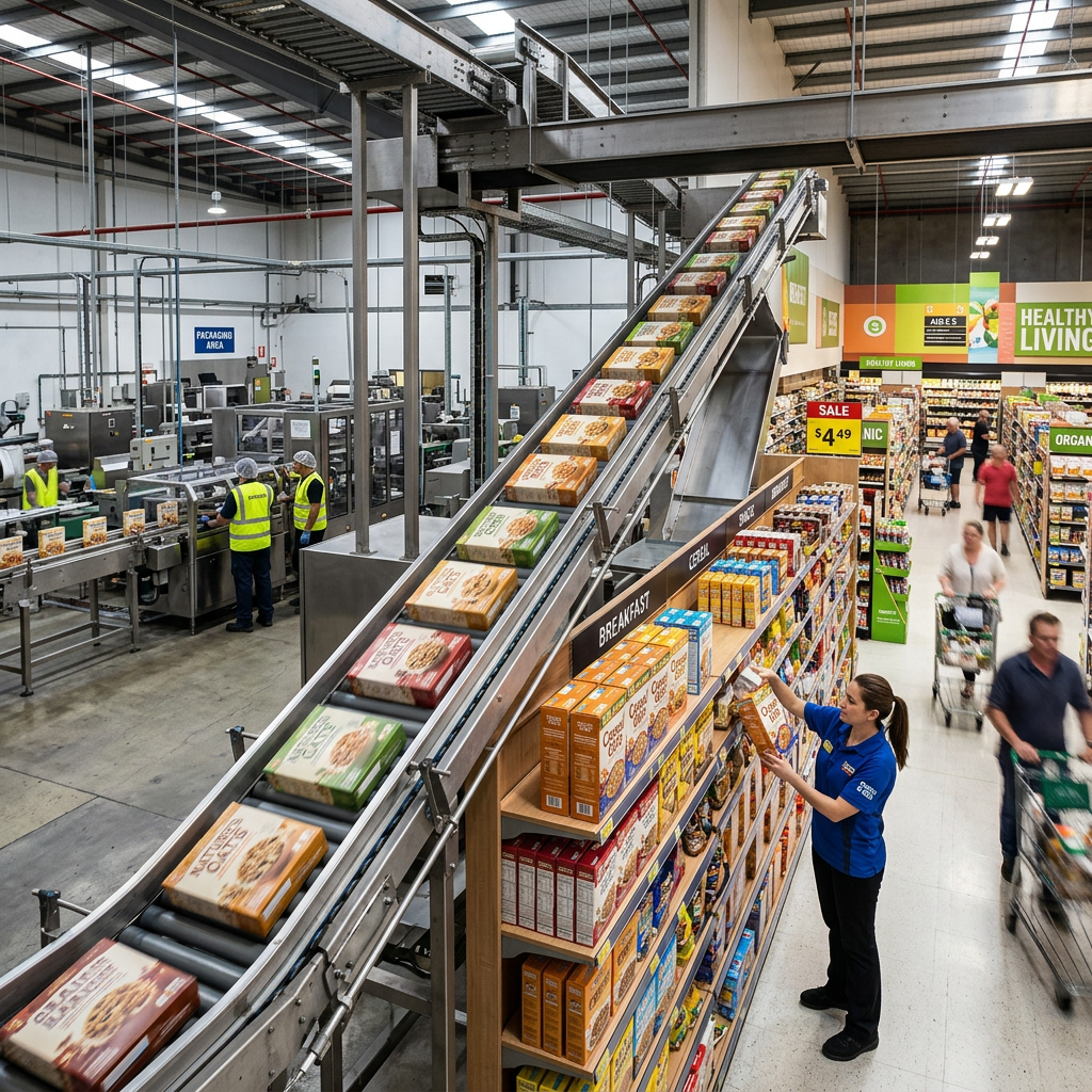 Cereal boxes moving on a conveyor belt in packaging area next to supermarket shelves being stocked