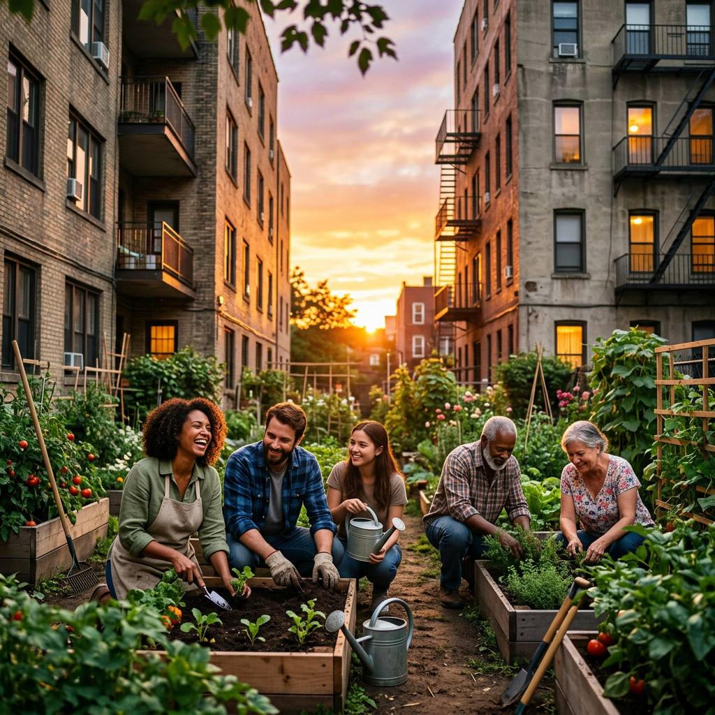 Five people gardening in raised beds in an urban community garden at sunset