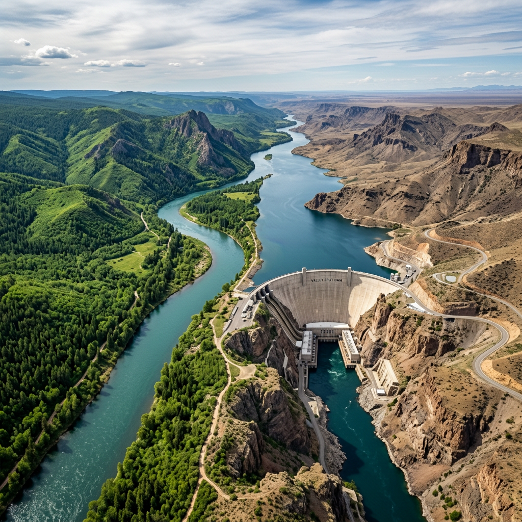 Valley Split Dam located on a winding river surrounded by green forested hills and dry rocky mountains