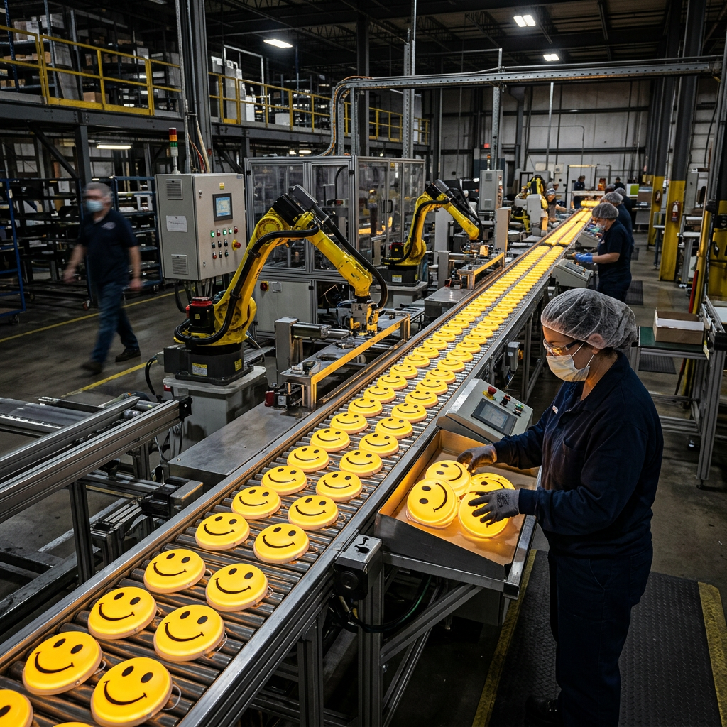 Factory production line with robotic arms and workers packaging smiley face items