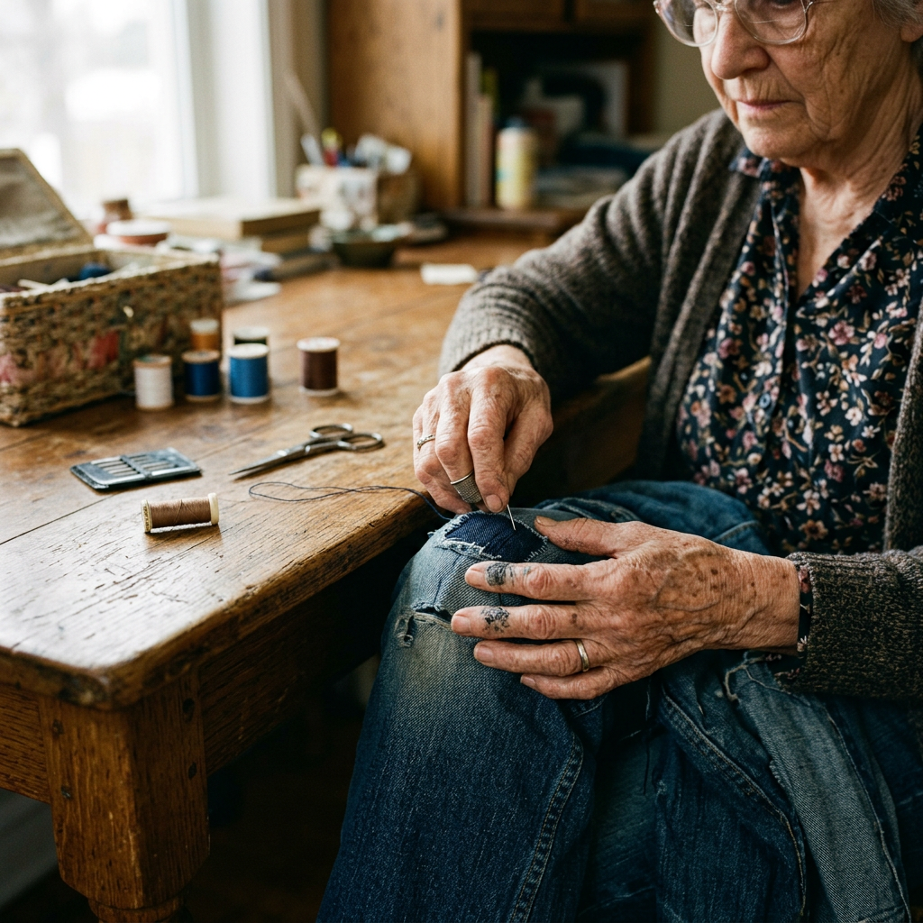 Elderly woman hand sewing a patch onto ripped denim jeans