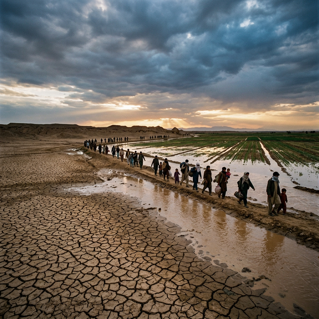 People walking along a narrow path between cracked dry earth and flooded green fields at sunset