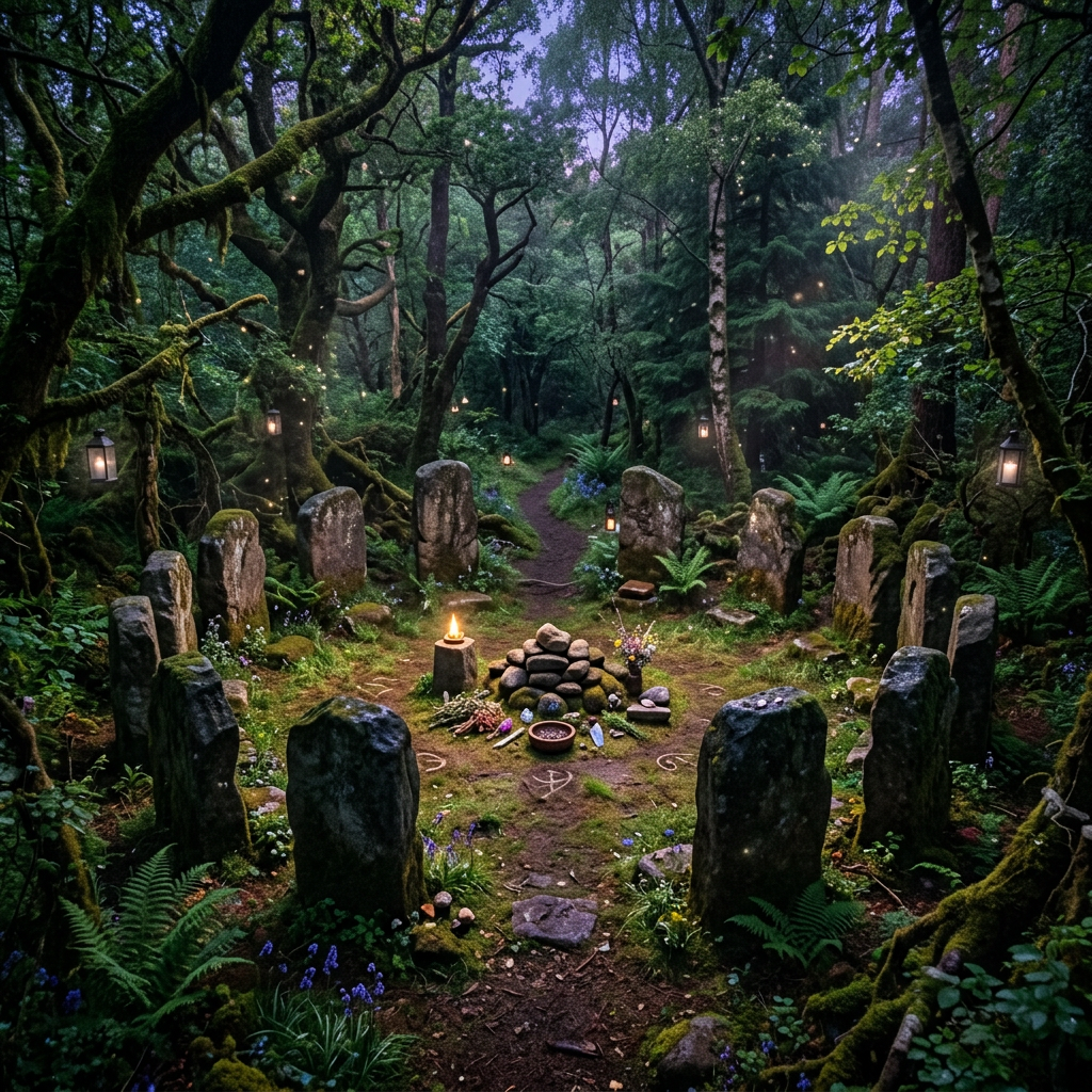 Circular arrangement of moss-covered standing stones in a dense forest with lit lanterns and a central flame surrounded by ritual objects