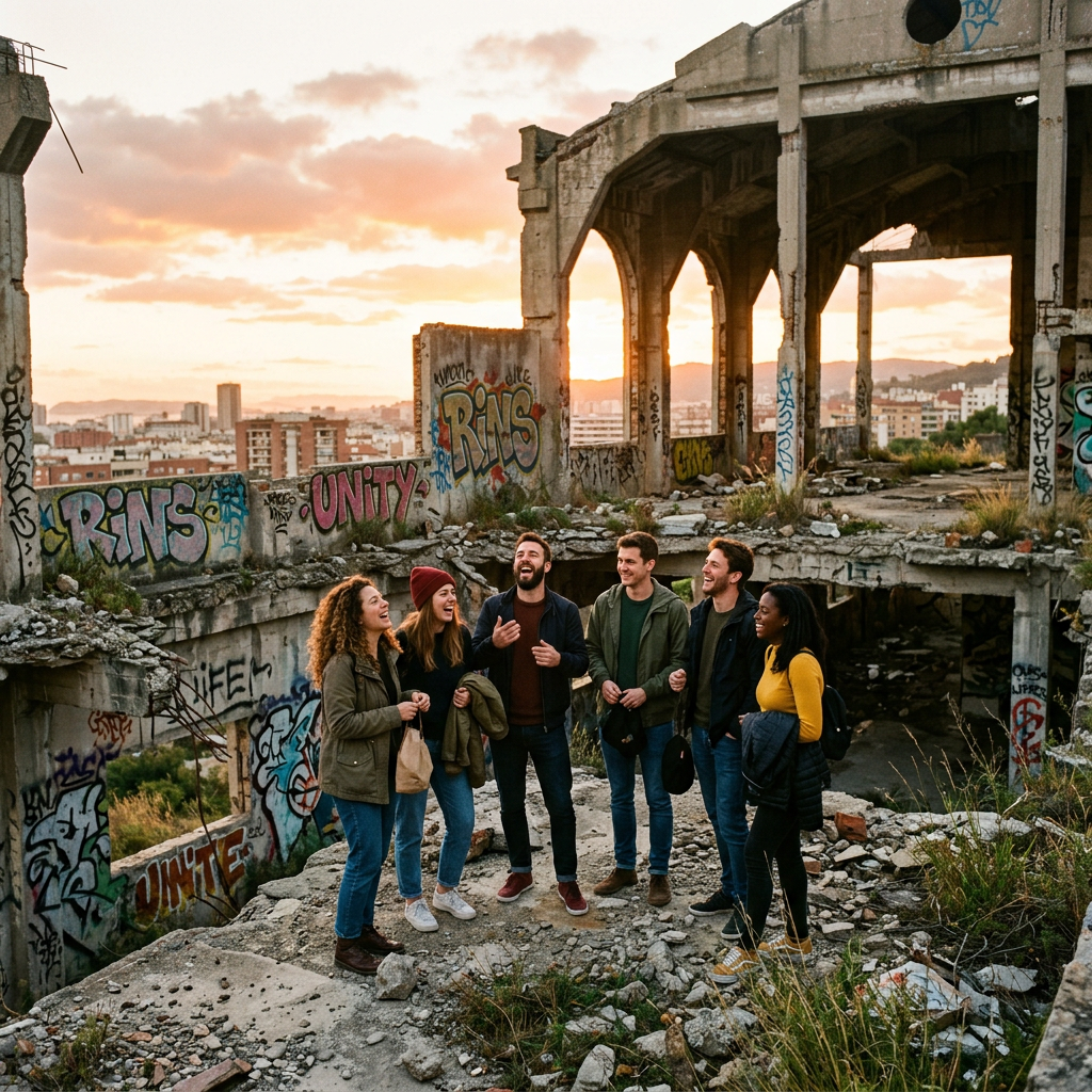 Six friends standing and laughing together inside a graffiti-covered abandoned building at sunset