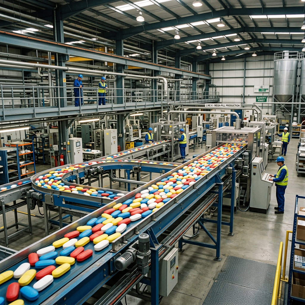 Conveyor belts carrying large multicolored pills with workers in safety gear in pharmaceutical factory
