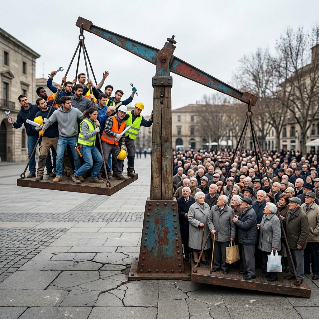 Scale with workers on one side and elderly crowd on the other