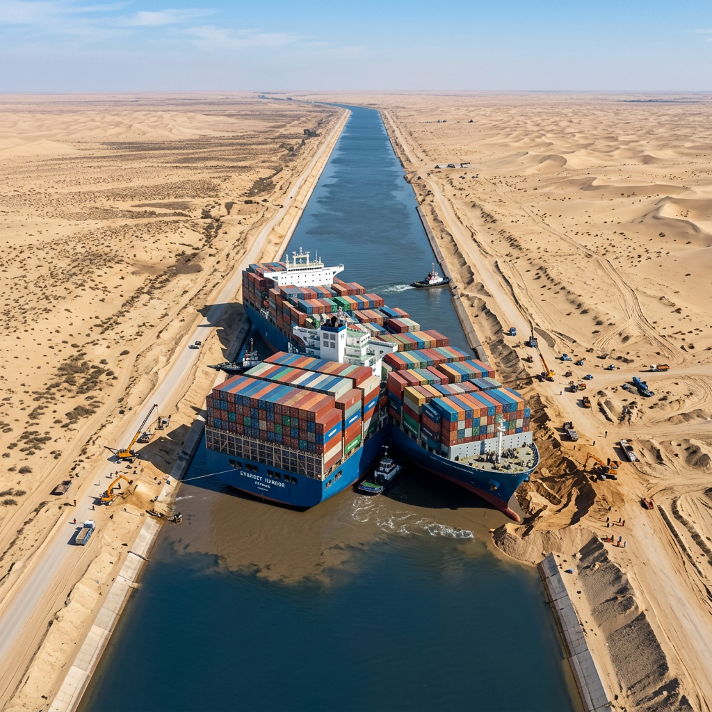 Container ship Evergreen stuck sideways in Suez Canal blocking passage