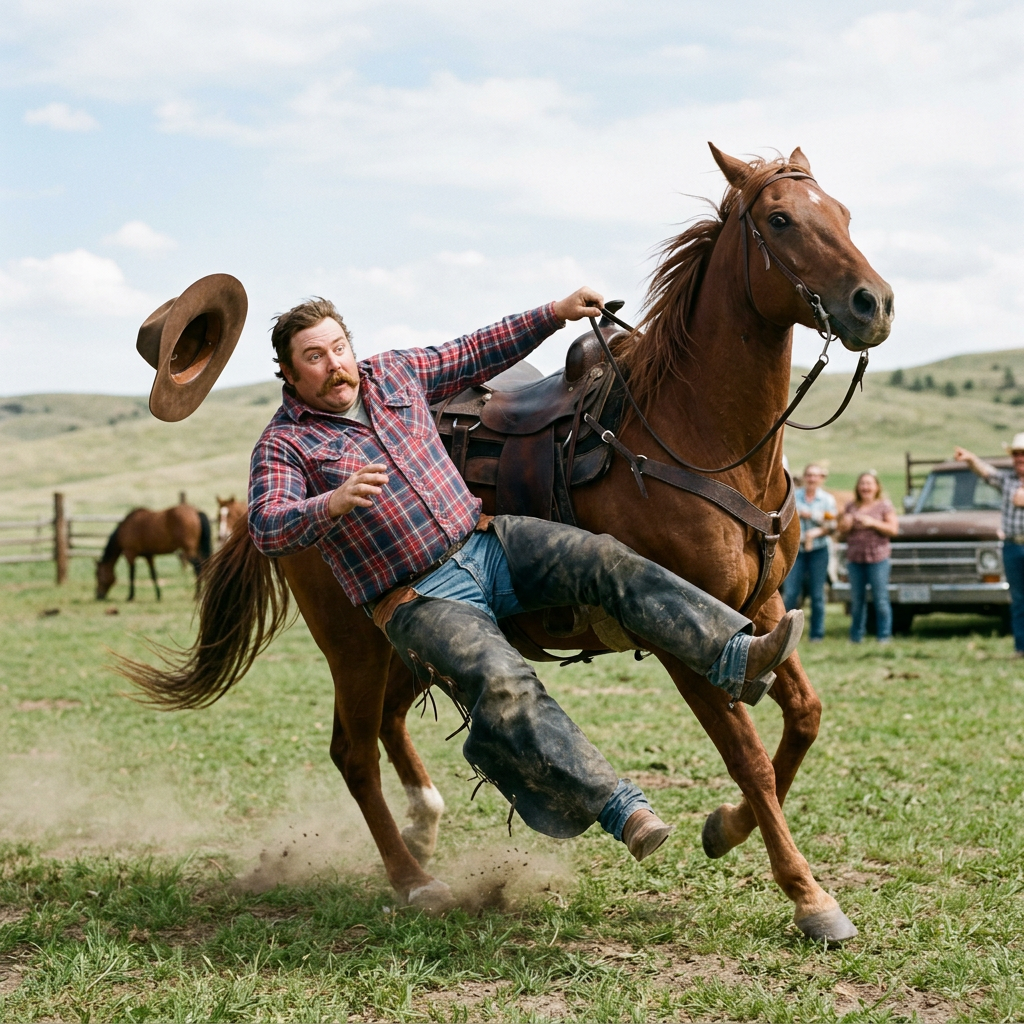 Man falling backward off a horse with his hat flying off on a ranch