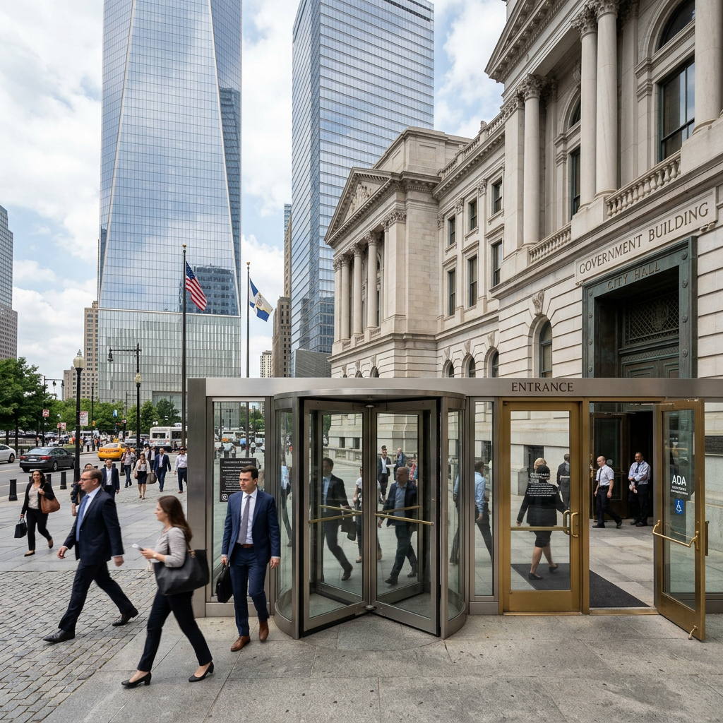 Business people walking near entrance of a government building with skyscrapers in background