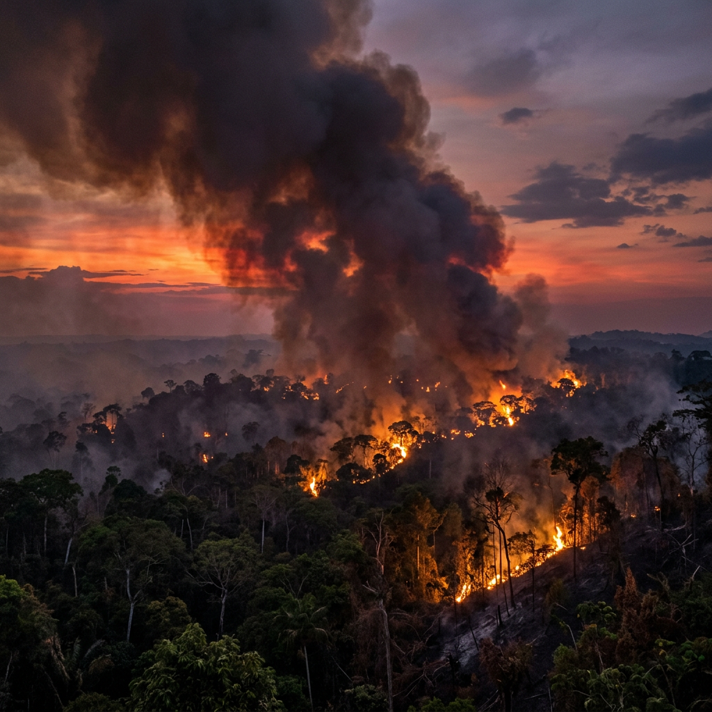 Wildfire burning in dense forest with thick dark smoke at sunset